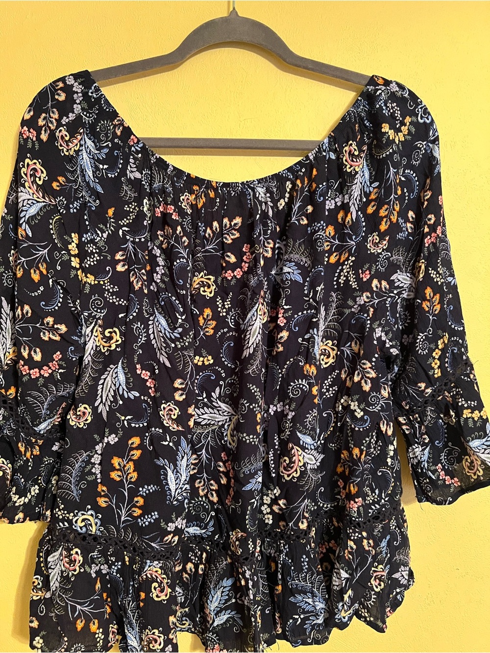 Democracy Black Floral Peasant Blouse with Ruffle Hem - Picture 5 of 7